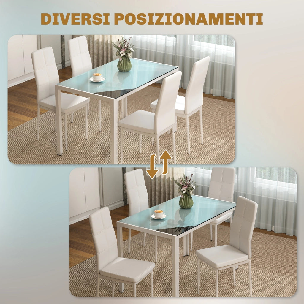 Tavolo da pranzo allungabile con 4 sedie ¨C zephmum ¨C bianco, finta pelle, metallo, vetro temperato