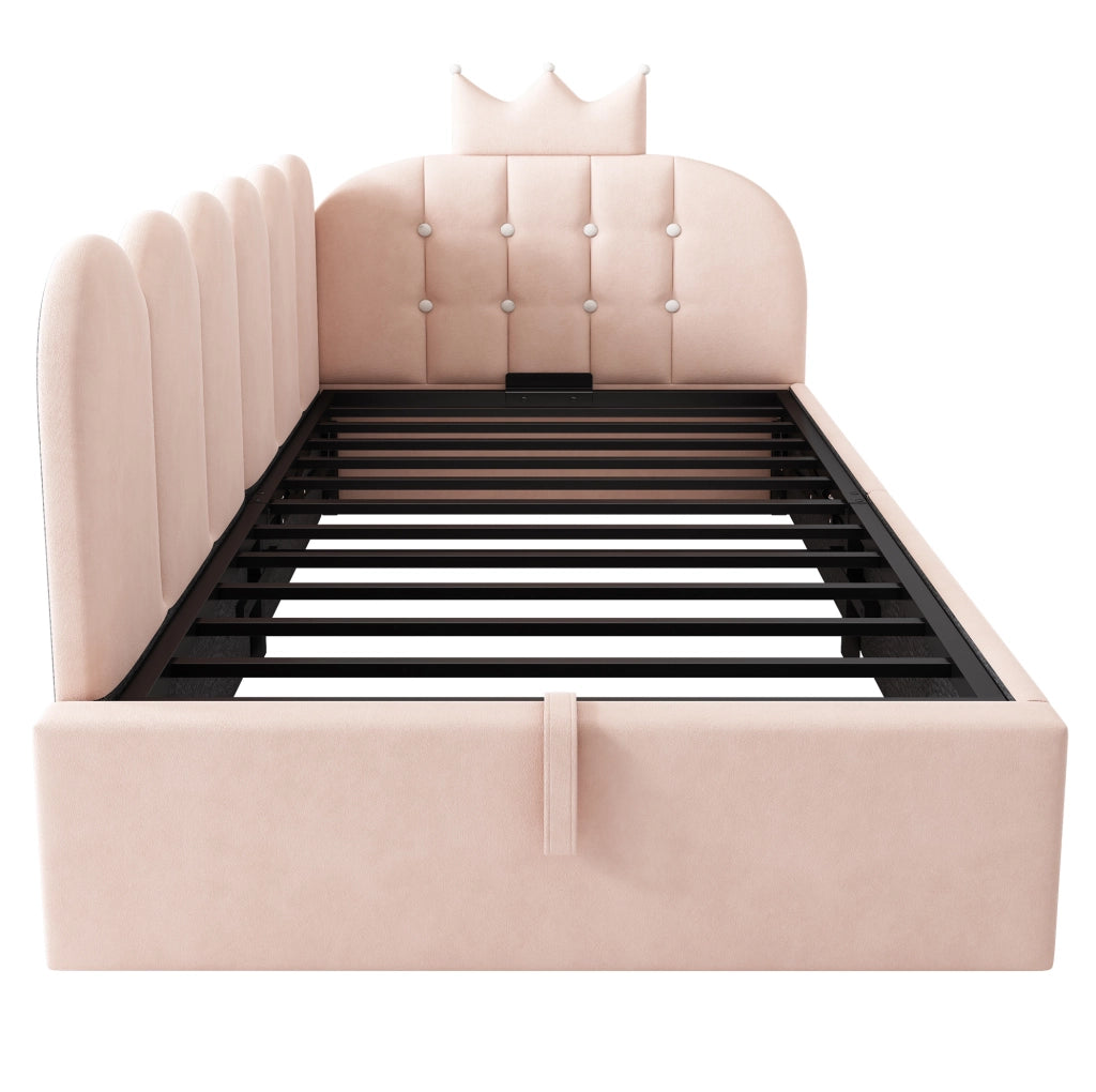 Letto a giorno 90x190 cm con contenitore; velluto rosa; lato reversibile