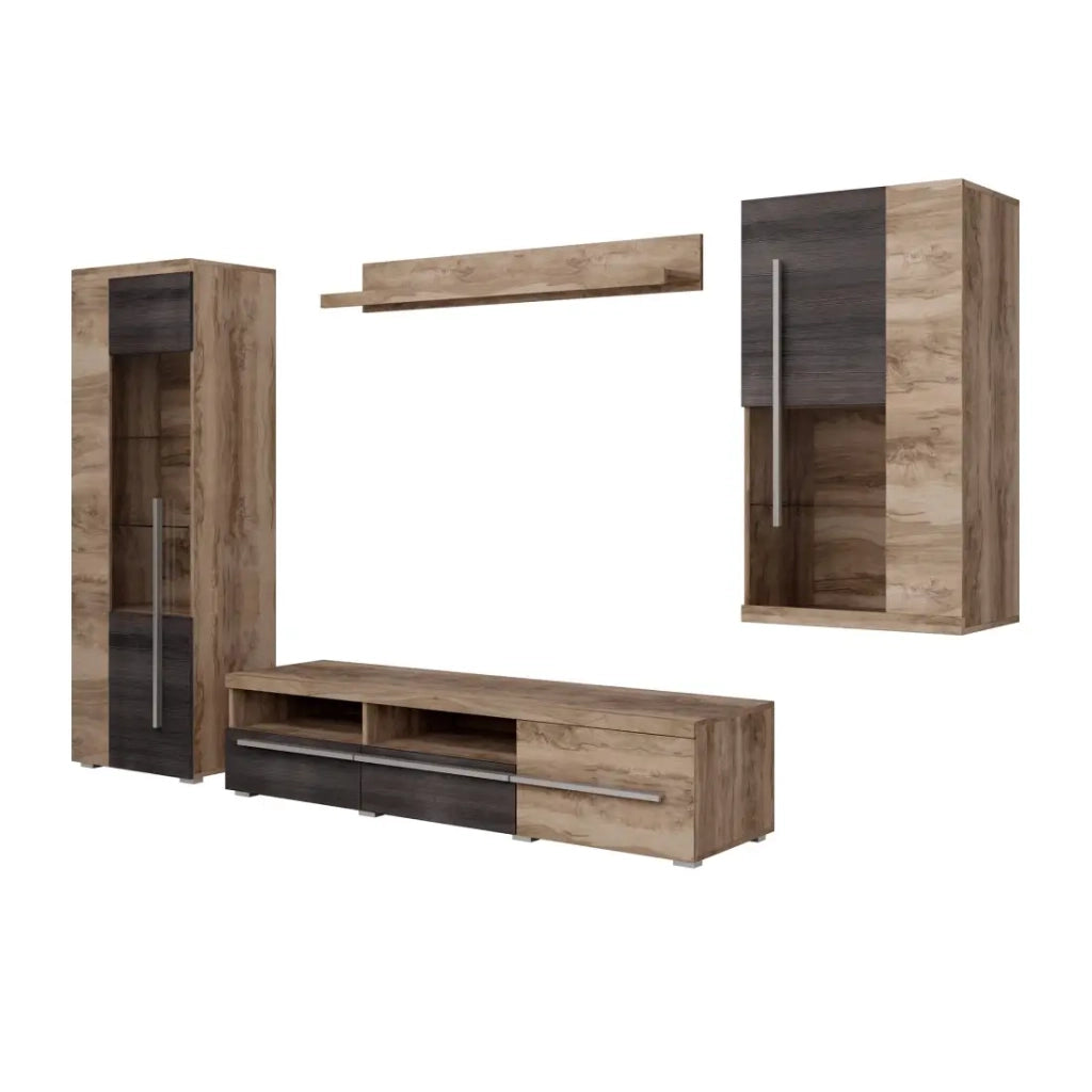 Composizione murale BRAZZA – Mobile TV, vetrine e scaffale – Design noce satinato