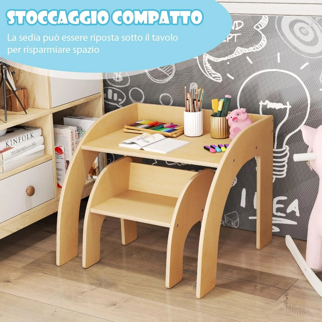 Set Tavolo e Sedie per Bambini 3+ Anni, Tavolino Legno con Sedie per Cameretta con Bordo Curvato e Ampio Piano, Mobile Salvaspazio per Camera da Letto, Soggiorno e Asilo (Naturale)