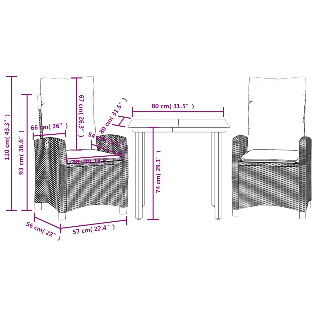 Set da Pranzo da Giardino 3 pz | Set Salotto da Giardino con Cuscini Nero in Polyrattan