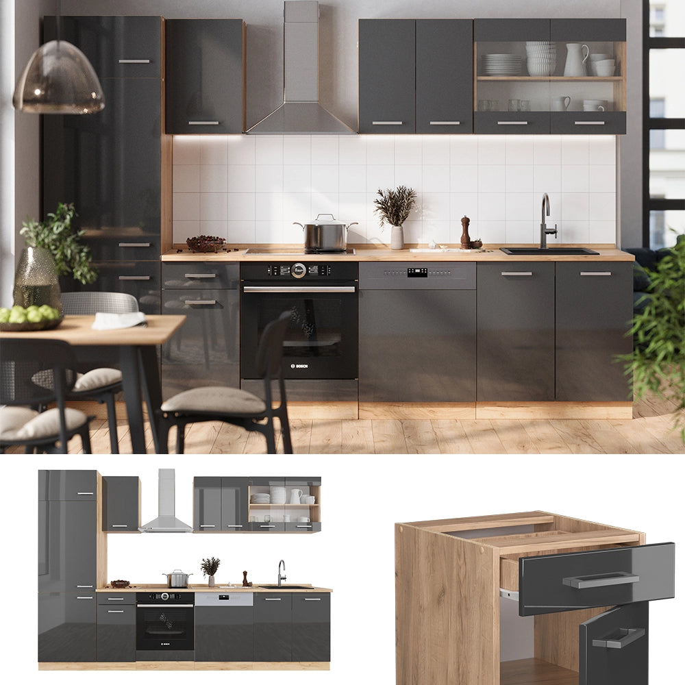 Cucina componibile R-Line Antracite lucido/Rovere dorato 300 cm, PL Rovere Vicco