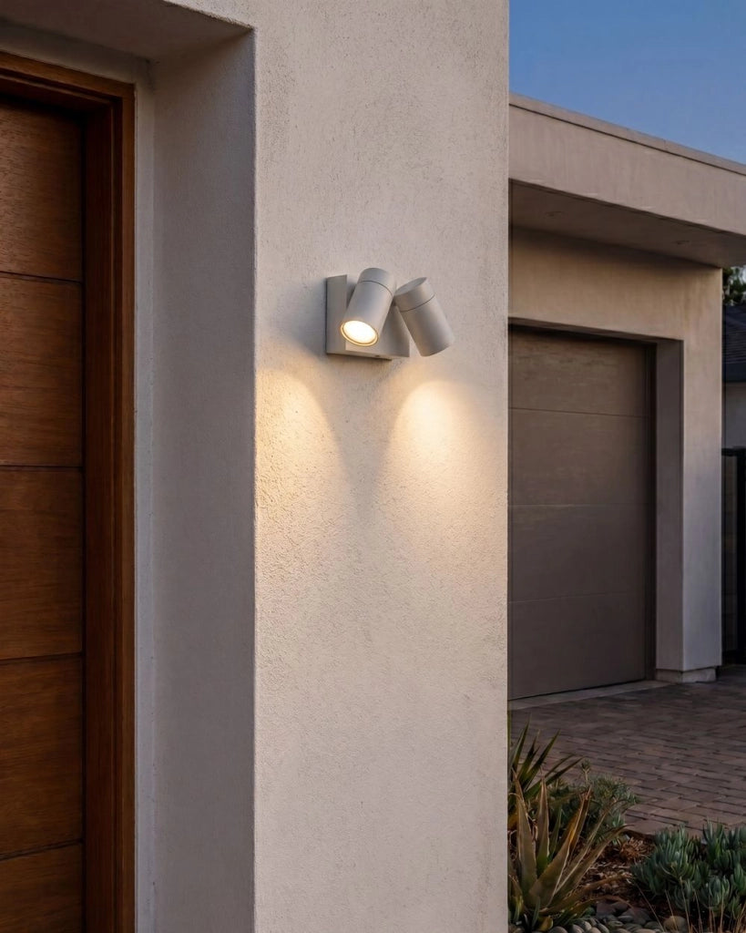Lampada da parete per esterni in alluminio bianco con 2 faretti, illuminazione da esterno moderna