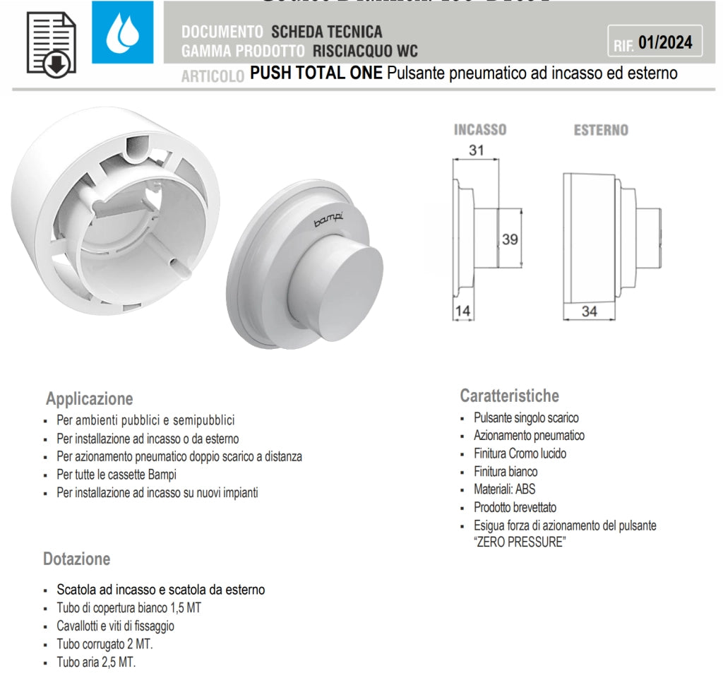 PULSANTE PNEUMATICO AD INCASSO ED ESTERNO PUSH- Bianca- BAMPI- pezzi 1