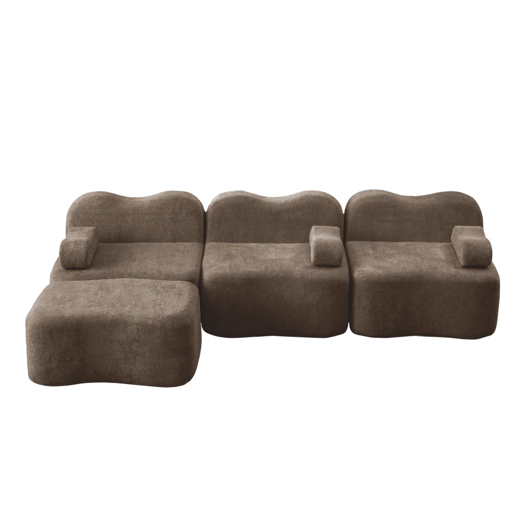 Divano angolare modulare senza struttura con pouf e seduta profonda, braccioli ergonomici in velluto marrone
