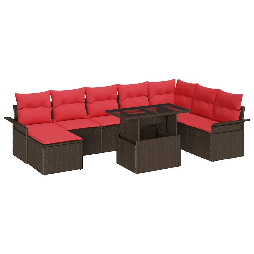 Set Divano da Giardino 9 pcs Marrone Rattan in Polipropilene