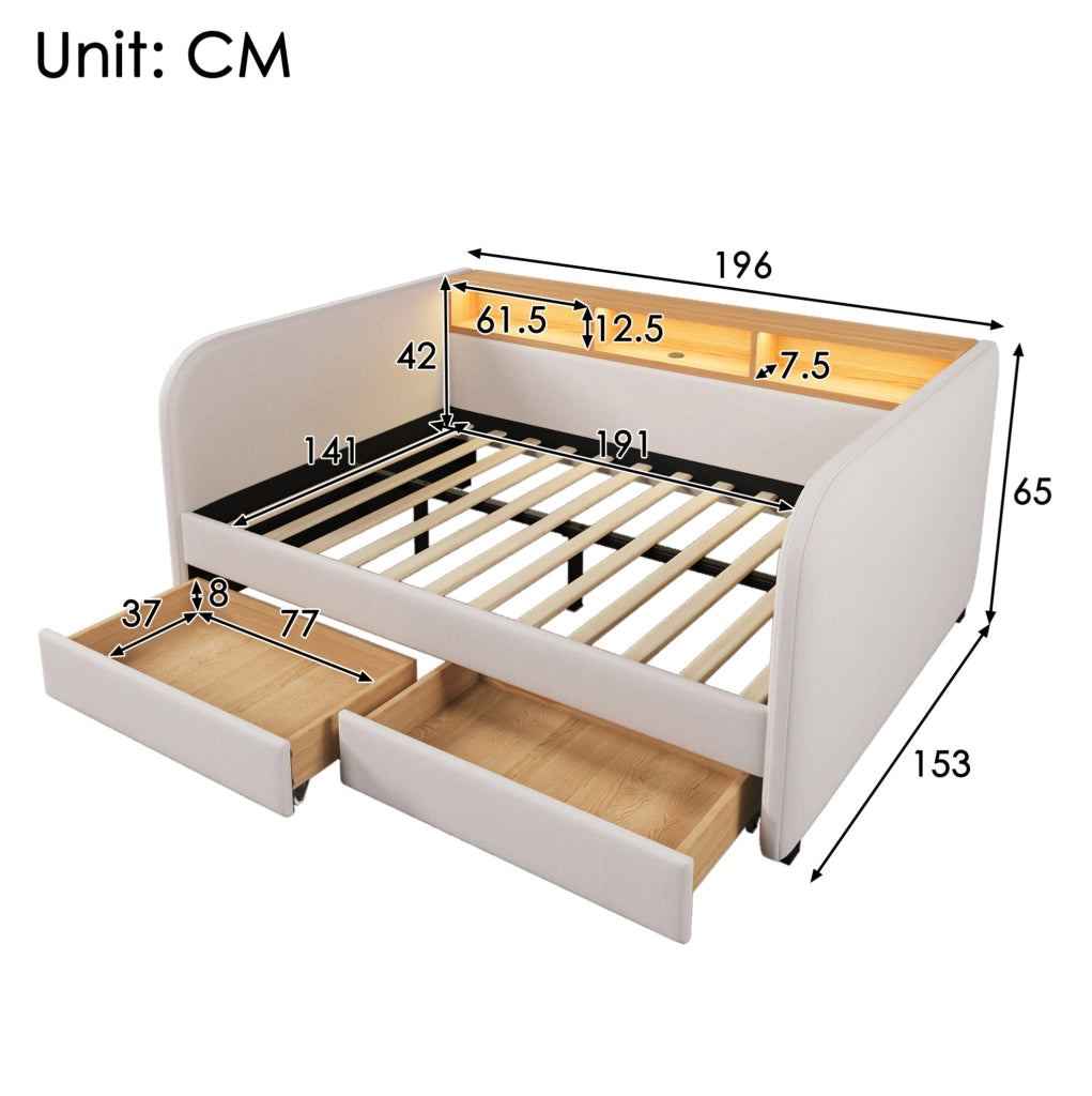Letto imbottito 140x190 cm con LED; USB C e 2 cassetti; lino beige