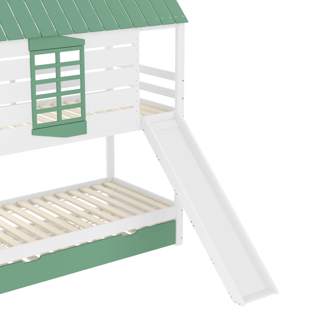 Letto a castello a casetta 90x200 cm con scivolo e letto estraibile; bianco e verde