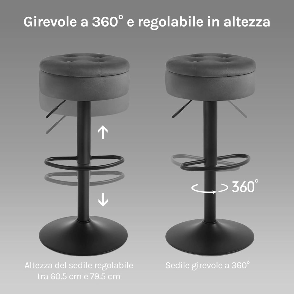 Set di 2 Sgabelli da Cucina, Sgabelli da Bar Alti con Spazio Contenitivo, Sedia Regolabili in Altezza e Girevoli a 360°, per Cucina Sala da Pranzo Bar Bancone, Velluto, Metallo, Grigio Scuro