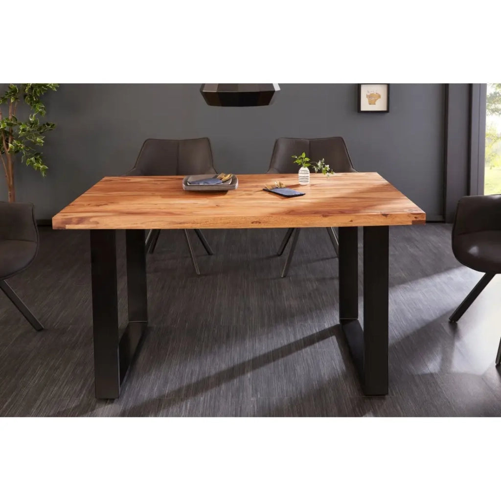 Table LODEN 140 cm - Piano in legno massiccio di sheesham verniciato - Gambe a U in metallo nero
