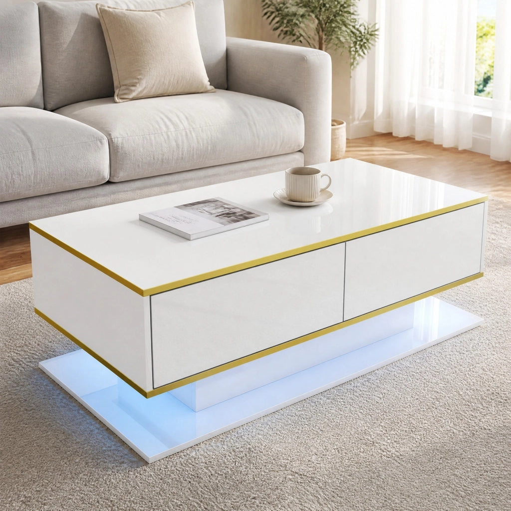 Tavolino da caffè bianco lucido con LED, 3 cassetti e dettagli oro