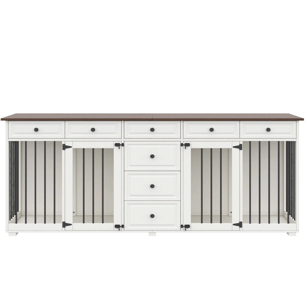 Mobile-gabbia per cani ULEVR 200x60x85 cm con 2 vani separati, 8 cassetti e chiusure di sicurezza, bianco e noce
