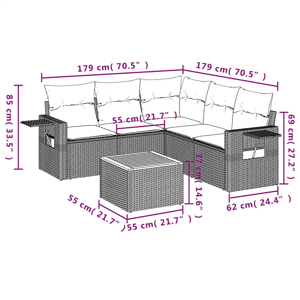 Set Divani da Giardino 6 pz con Cuscini Grigio in Polyrattan 3224563