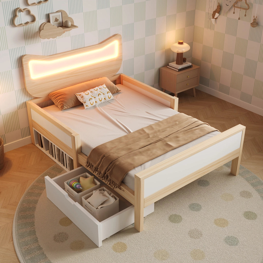 Letto per bambini 90 × 190 cm con testiera a gatto, LED RGB, cassetto e vano contenitore, senza materasso
