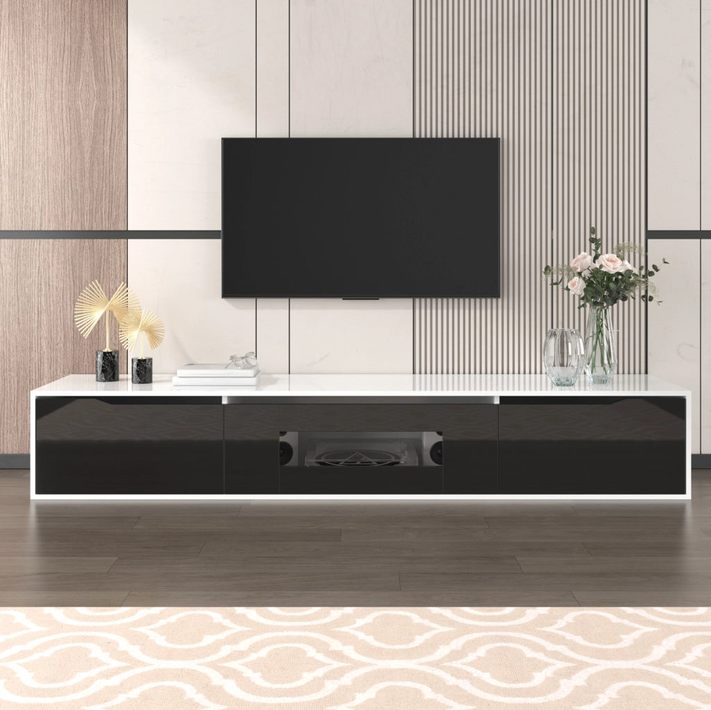 Mobile TV bianco e nero con frontale scanalato; LED a 16 colori; 180 × 35 × 30 cm
