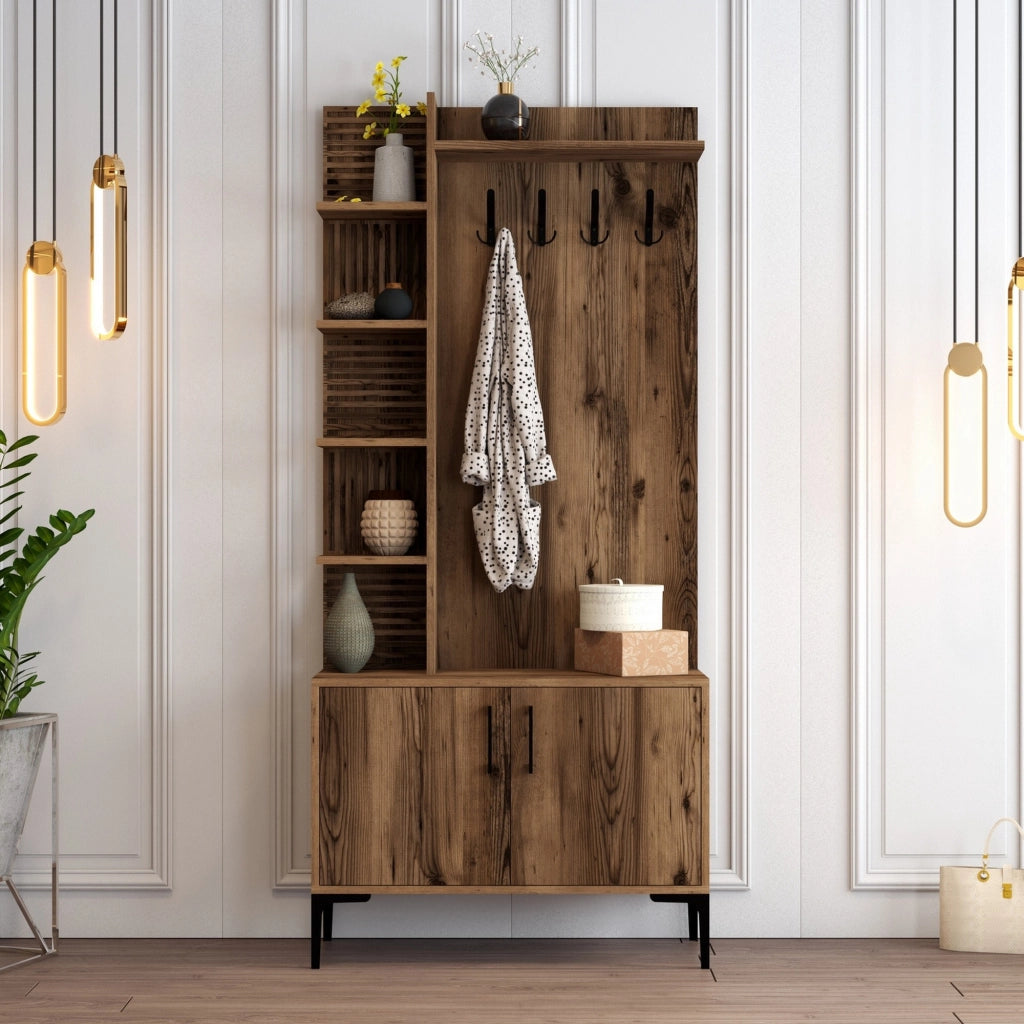 Pecchi, Mobile da Ingresso 8 Ripiani, 90x35x200h cm Marrone Noce