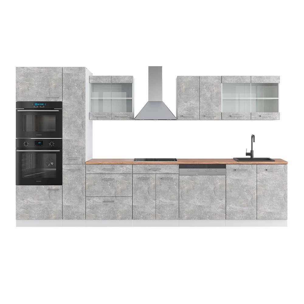 Vicco Mobile da cucina Cemento/Bianco 350 cm con armadio alto, PL Rovere