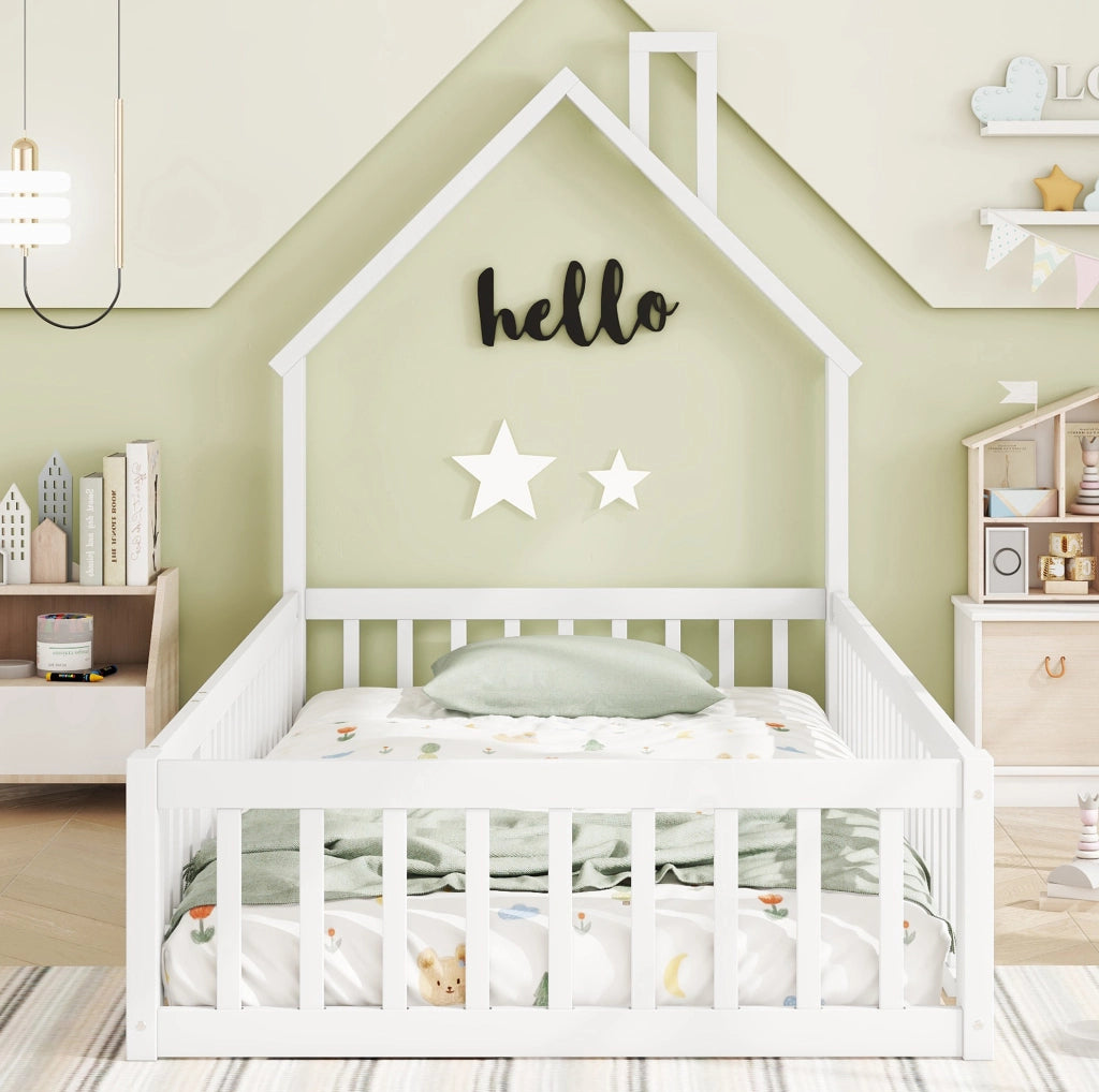 Letto a casetta 90x200 cm con design camino; legno e MDF; bianco (Senza materasso)