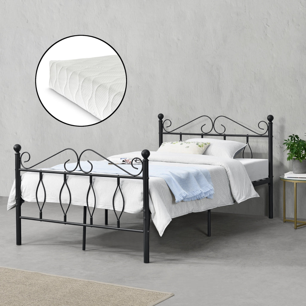 Struttura Letto in Metallo con Testiera e Pediera in Stile Romantico/Classico con Materasso 120 x 200 cm Letto 1 Piazza e Mezza - Nero