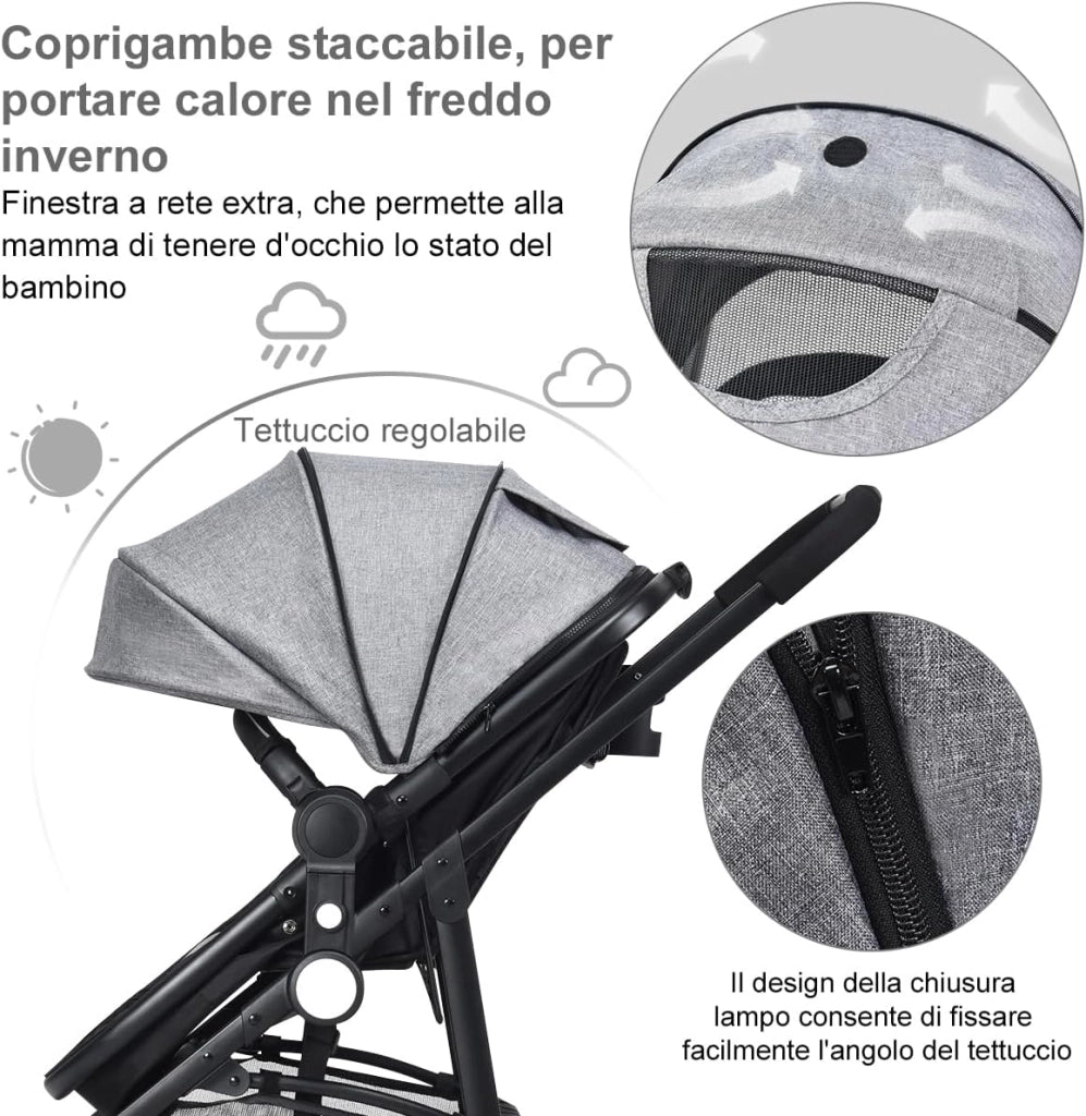 2 in 1 Passeggino per Bambini, Passeggino Pieghevole con Sedile Reversibile, Schienale Regolabile, Passeggino Leggero con Cintura di Sicurezza, Copertura, per Bambini 0-3 Anni (Grigio)