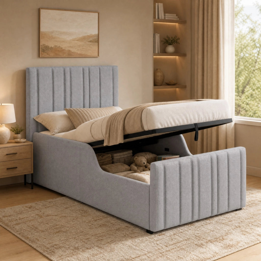 LETTO Contenitore 90x200 cm in lino grigio con rete a doghe