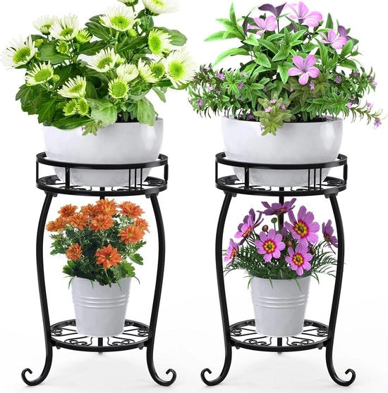 Cassa fioriera metallica, supporto fioriera nero, supporto per piante 2 pezzi, supporto per piante a 2 livelli, piatto per piante moderno piatto per piante in acciaio per interni ed esterni per vaso per piante angolo giardino balcone