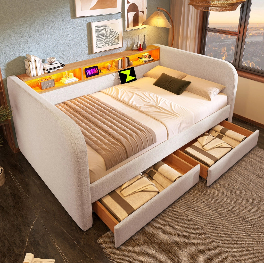 Letto imbottito 140x190 cm con LED, USB-C e 2 cassetti beige