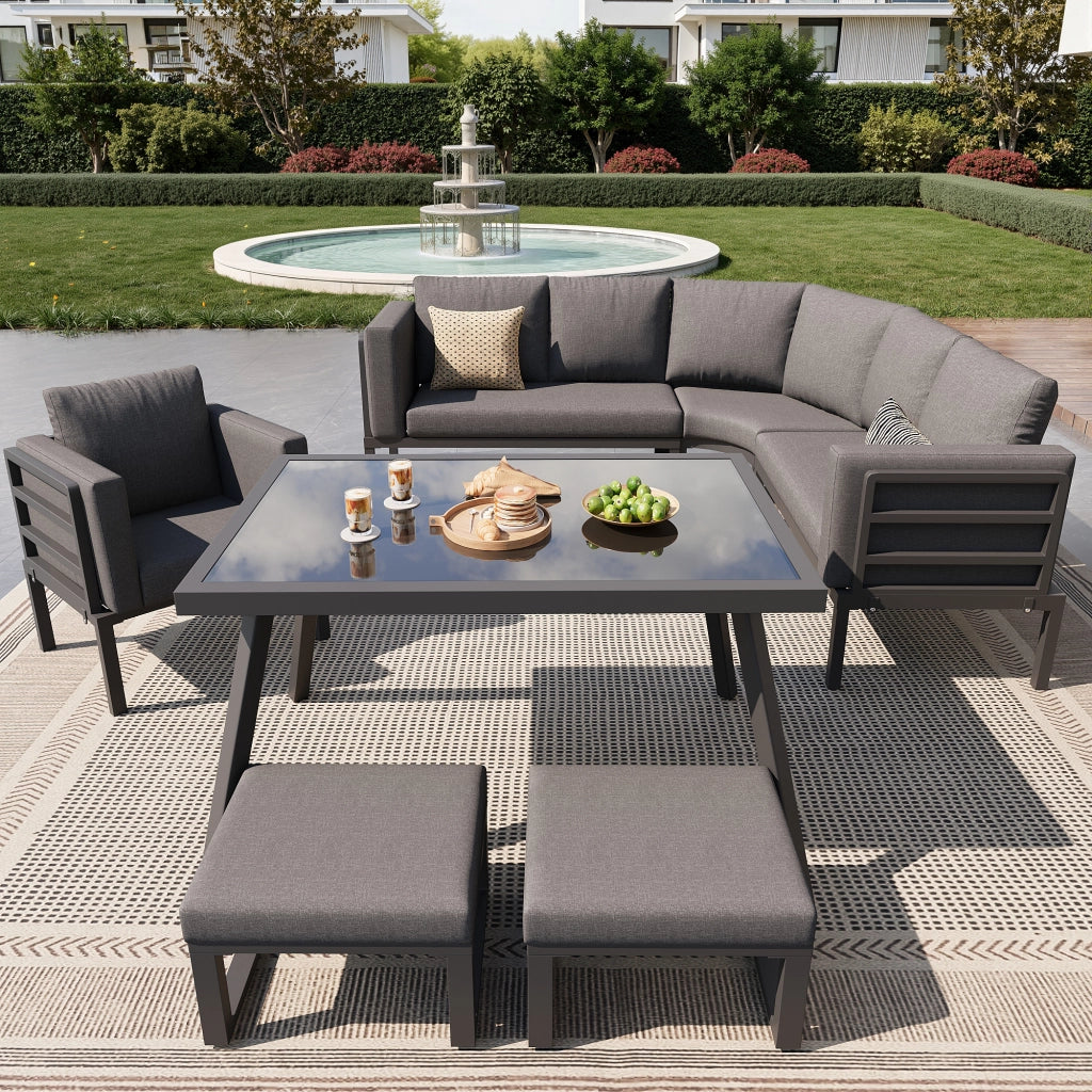 Salotto da Giardino con 3 Divani; 2 Poltrone; 2 Pouf e 1 Tavolino in Vetro; per 8 persone; Ferro; Grigio