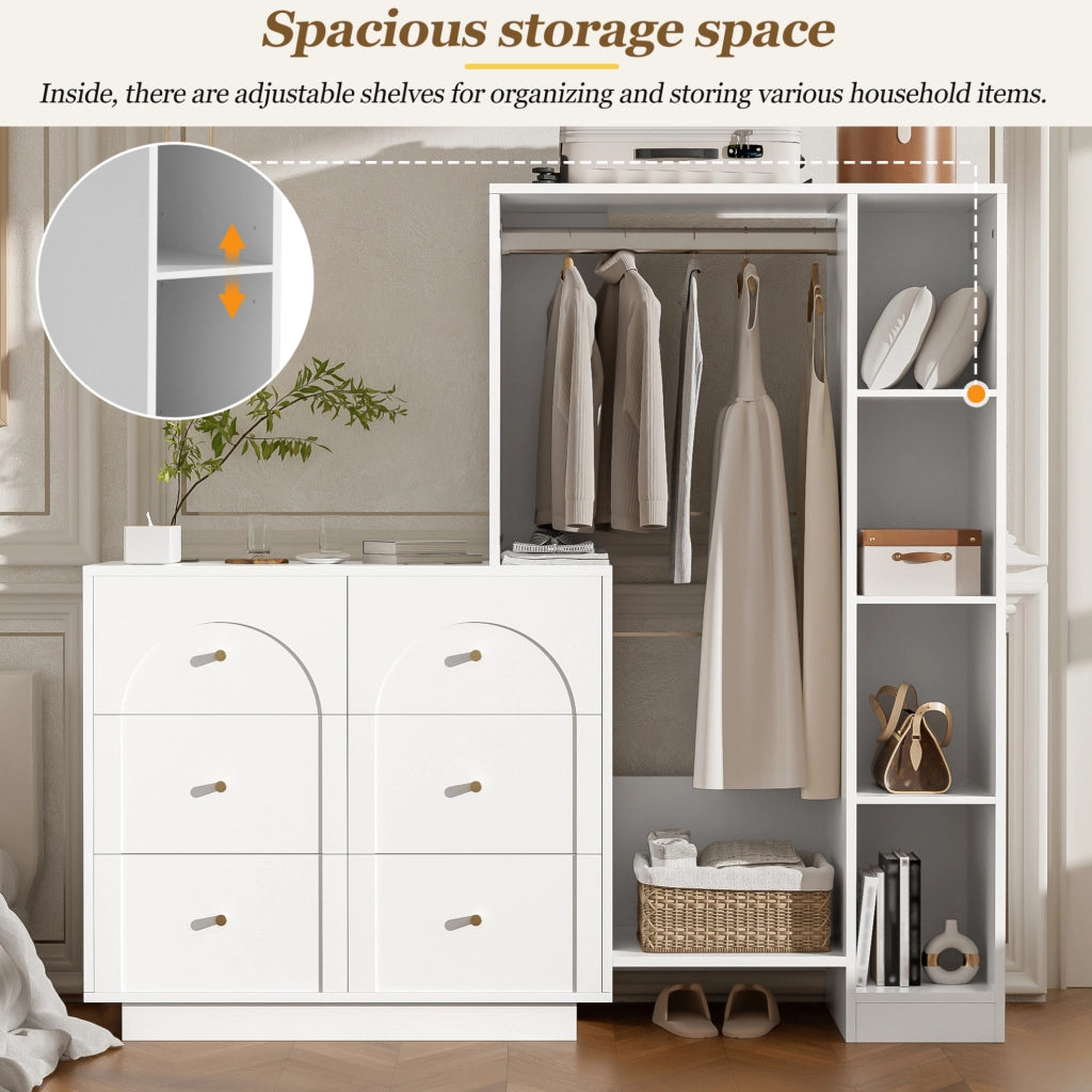 Armadio multifunzionale aperto con 6 cassetti e ripiani laterali; 139 x 35 x 133 cm; bianco