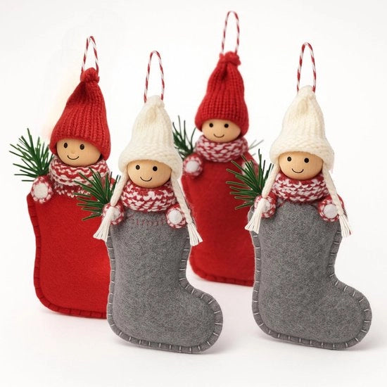 Set di 4 decorazioni per Natale in vilt e legno - alta 17 cm - con hanger - confezione regalo per Natale