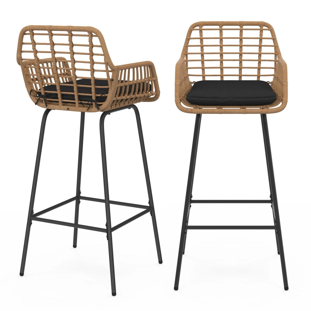 IDMarket - Set di 2 sgabelli da bar SUMMER con braccioli effetto rattan beige e gambe in metallo nero