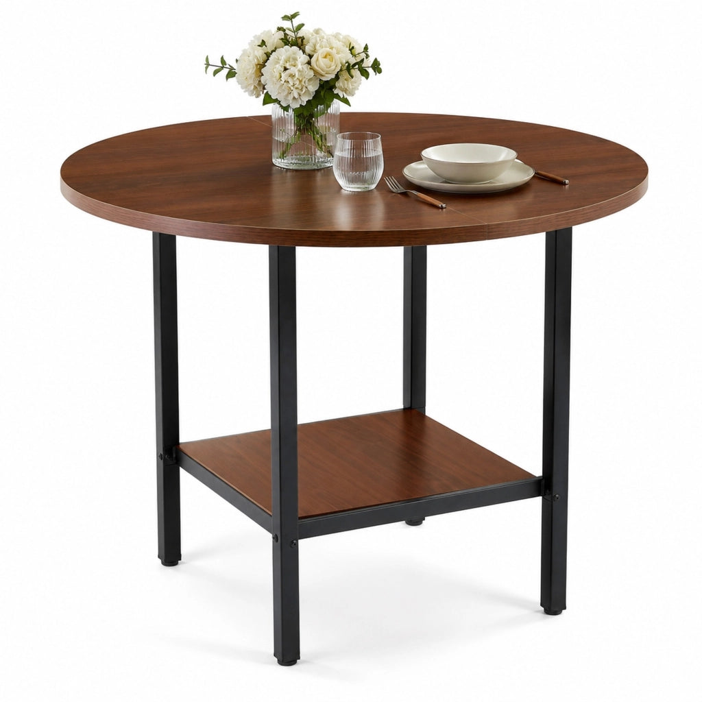 Tavolo da pranzo rotondo 100 cm con doppio ripiano; MDF e metallo; color noce