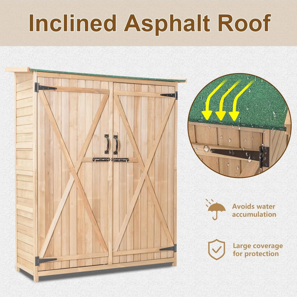 Casetta da Giardino in Legno, 140 x 50 x 162 cm, Capanno per Attrezzi per Esterno con 2 Ripiani e 1 Armadio, Resistente alle Intemperie con Ante Bloccabili, Capanno da Giardino