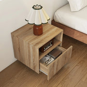 Comodino sospeso in effetto legno naturale, design senza maniglie, 1 cassetto e vano aperto, montaggio a parete