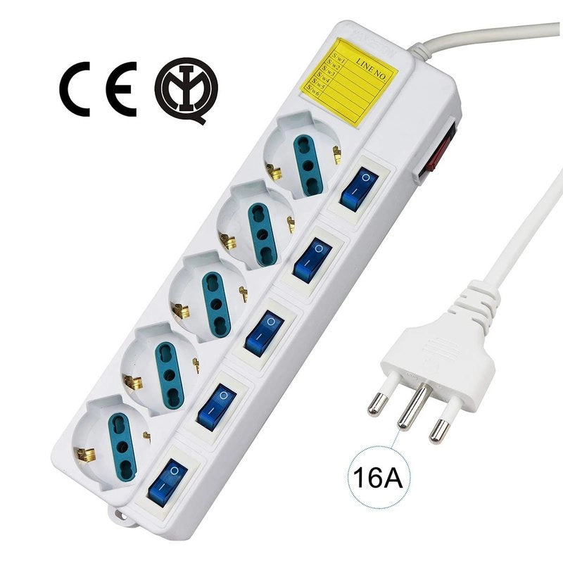 Multipresa Ciabatta Elettrica Con 5 Posti Prese Schuko 10/16A + 6 Interruttori On Off Indipendente Cavo Da 1,5 Metri