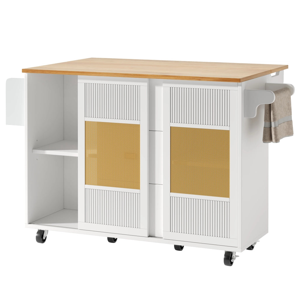 Isola da cucina con 3 cassetti; 2 ante scorrevoli; piano ribaltabile e portaasciugamani; in MDF e metallo; 146;85x70x90 cm; bianco