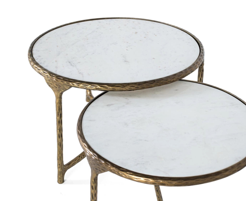 Set di 2 tavolini rotondi color oro e bianco