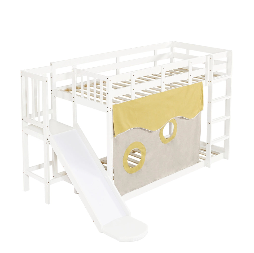 Letto a castello 90x200 cm con scivolo; scala e tendine in MDF e legno bianco