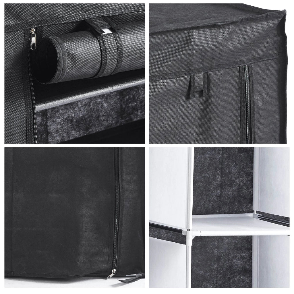 Armadio Guardaroba in Tessuto 128x45x170 cm con Ripiani e Barra Appendiabiti, Struttura in Metallo, Chiusura con Zip, Colore Nero