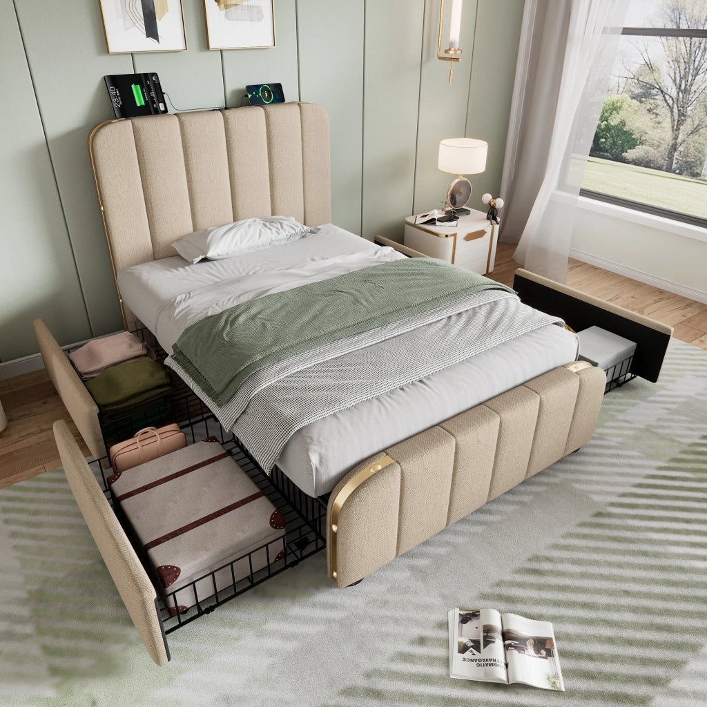 Letto con Cassetti 140 x 200 cm; Letto Matrimoniale con USB; Type-C; LED e Testiera Contenitore; senza Materasso; Grigio