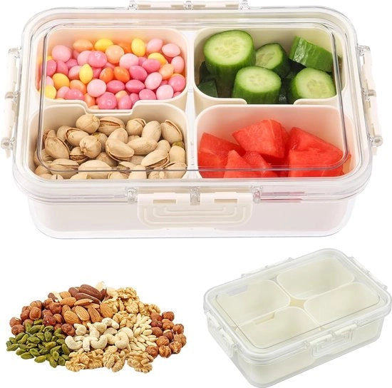 Snack box con coperchio, snack box con contenitori, snack board con 4 contenitori, organizzatore per snack e noci secche, spezie, dolci, noci, frutta, verdure