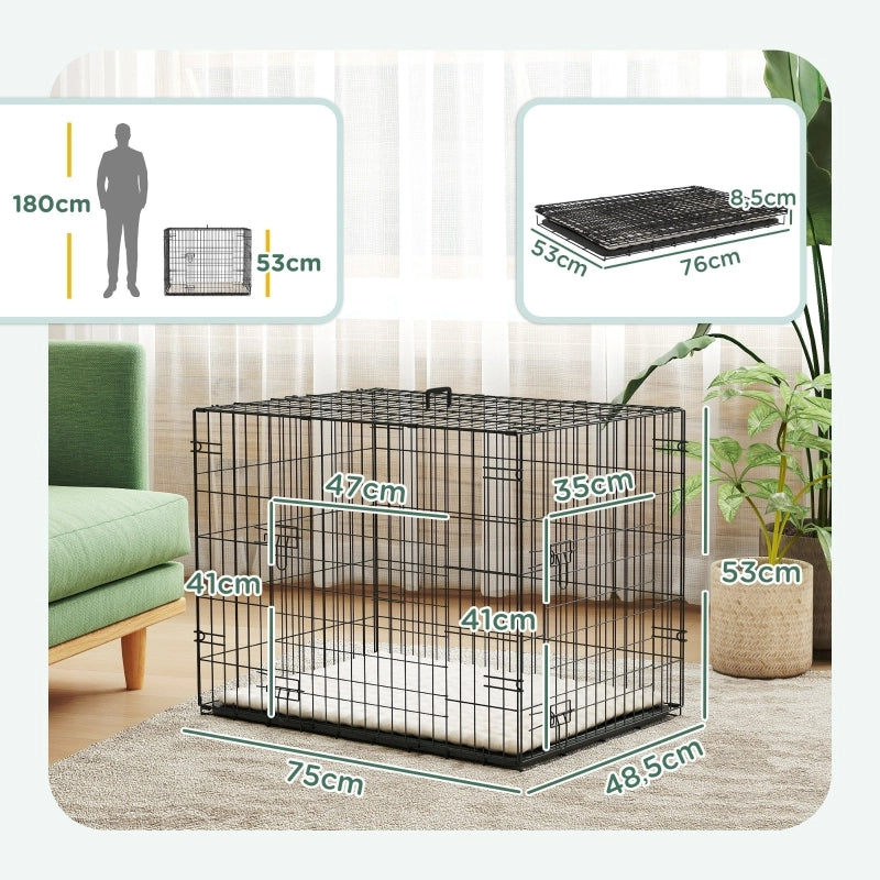 Gabbia per cani pieghevole con 2 porte, trasportino con vassoio di base estensibile e cuscino, 75 x 48,5 x 53 cm, nera