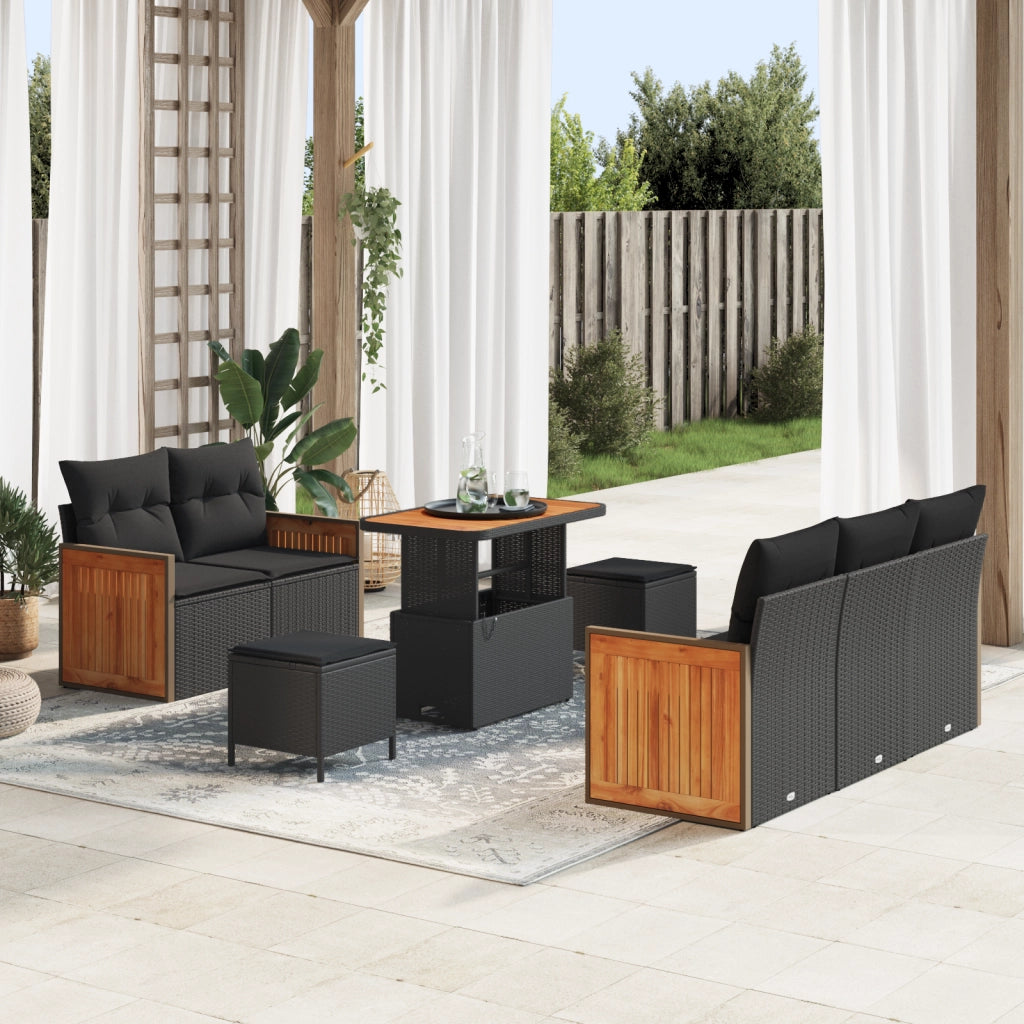 Set Divano da Giardino  8 Pezzi con Cuscini Nero Rattan Polimerico Acacia