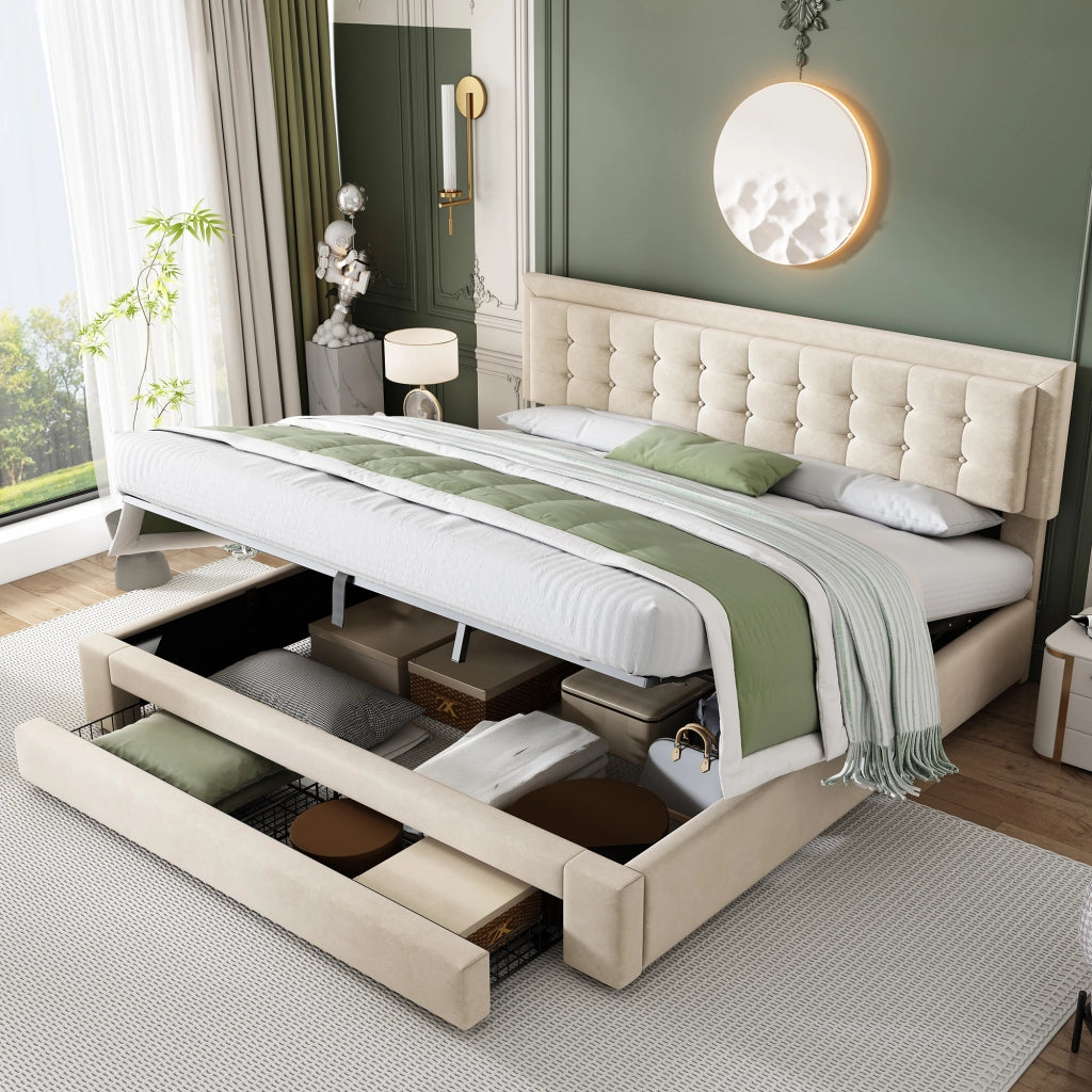 Letti contenitori 160x200 cm; contenitore e testiera regolabile; velluto beige