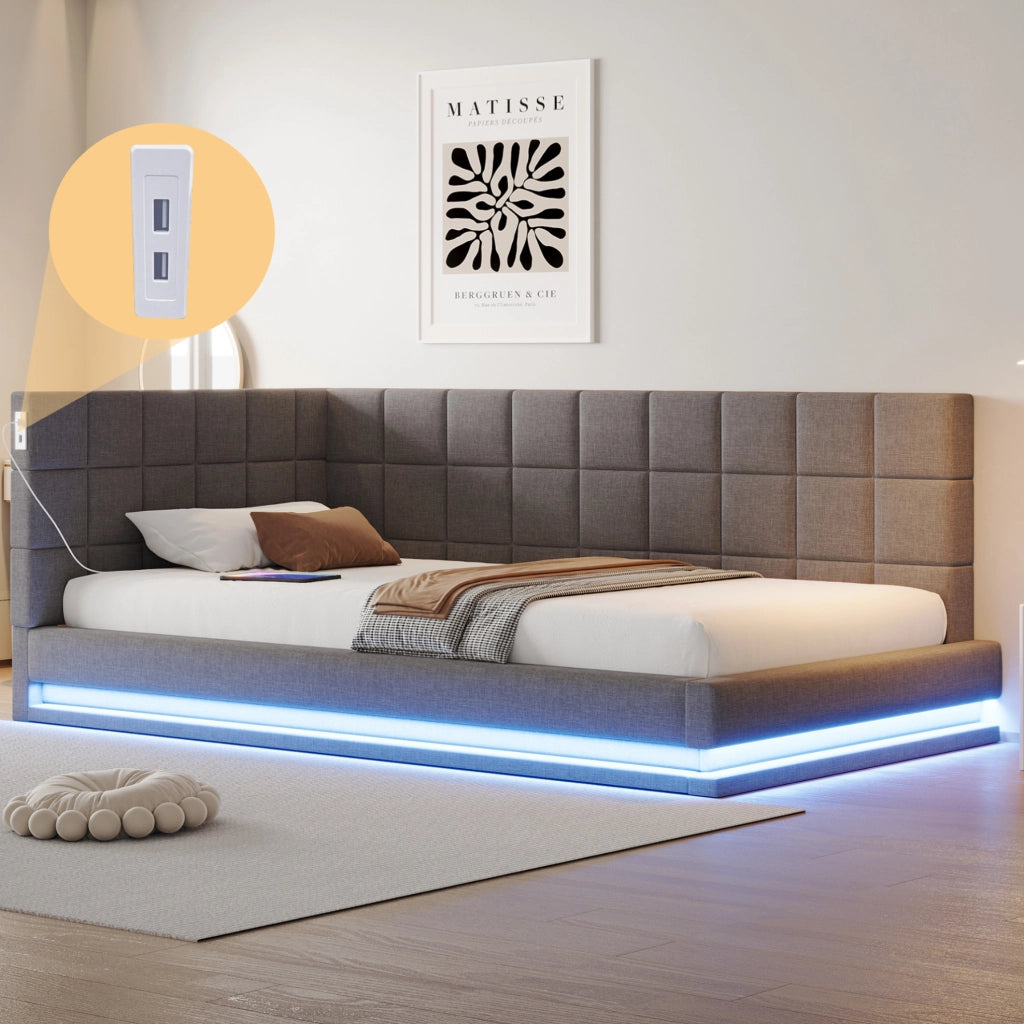 Letto singolo trasformabile 90x200 cm con LED e USB; lino; compensato e MDF; grigio