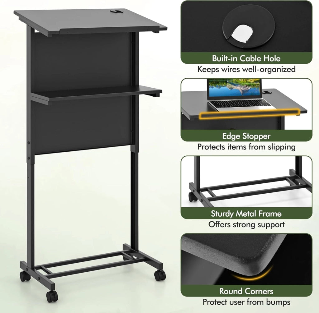Leggio con rotelle per computer portatile con regolazione in altezza e ripiani, per aule, discorsi, nero, 60 x 39,5 x 122,5/115,5/108,5 cm