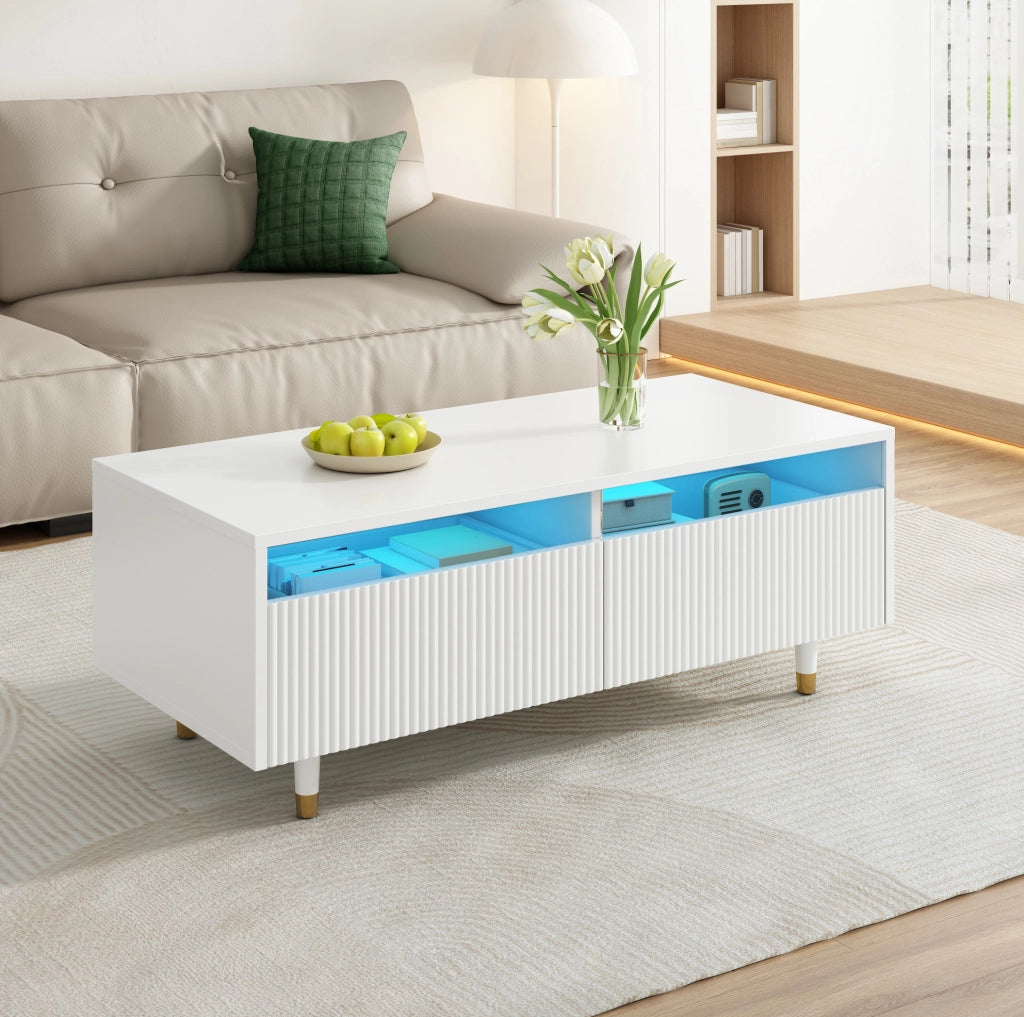 Tavolino da caffè moderno 110x50x40 cm in MDF bianco con LED e 2 cassetti