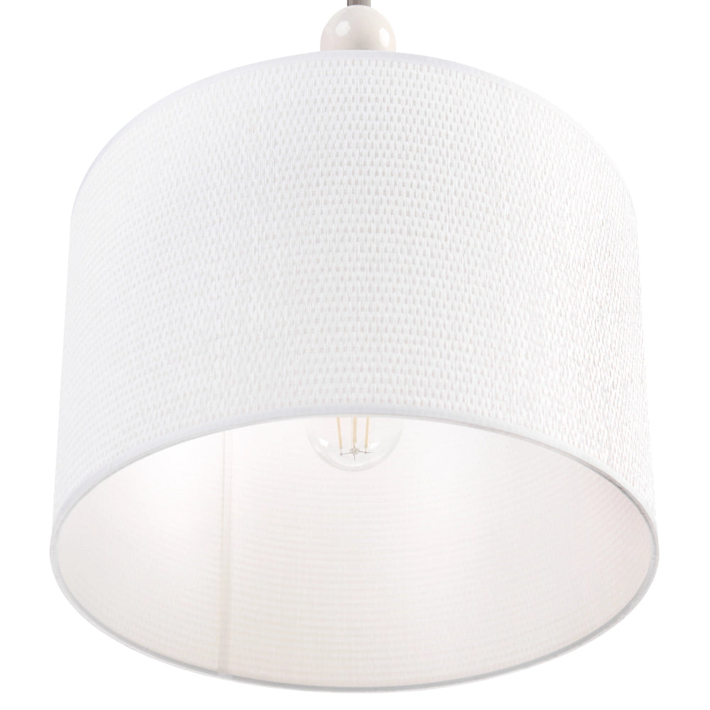Lampada a sospensione in metallo con paralume a tamburo in tessuto stile bianco e beige Stile moderno di metà secolo