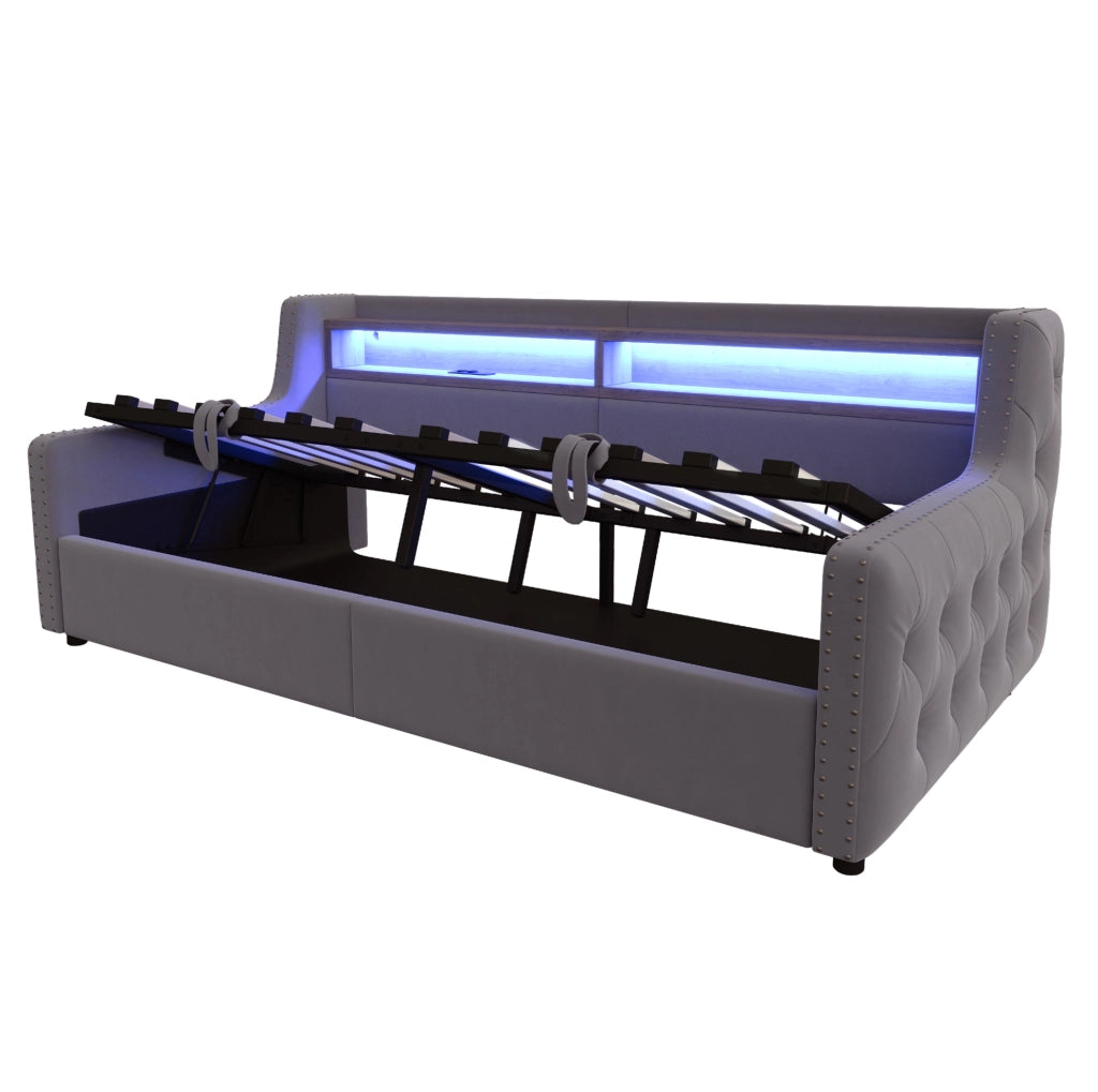 Divano letto 90x200 cm con contenitore, LED, USB e USB-C in velluto grigio