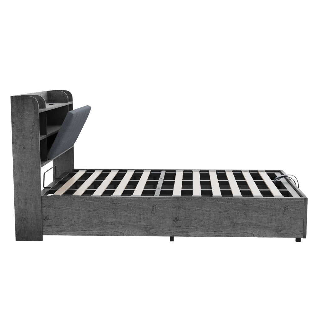 DESMIU Letto contenitore 180 × 200 cm 2 posti con vano idraulico, USB, Type-C e ripiani, senza materasso, in MDF, grigio